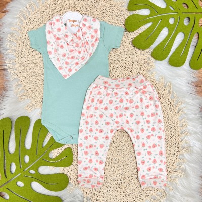 Conj. Body Manga Curta, Babador Bandana e Calça Moranguinhos - Rosa e Verde